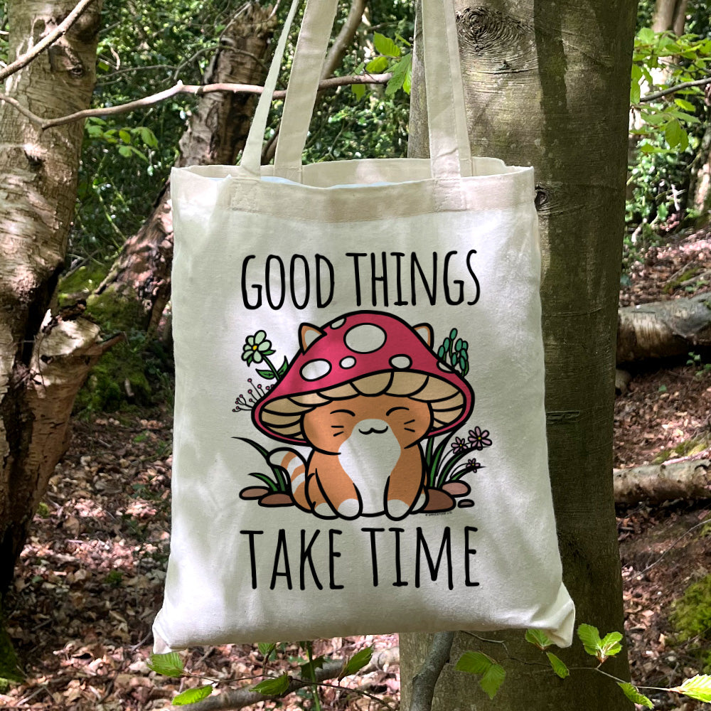 Good Things Take Time Mushroom Cat Cream Tote Bag