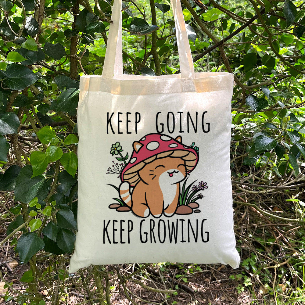Keep Going Keep Growing Mushroom Cat Cream Tote Bag