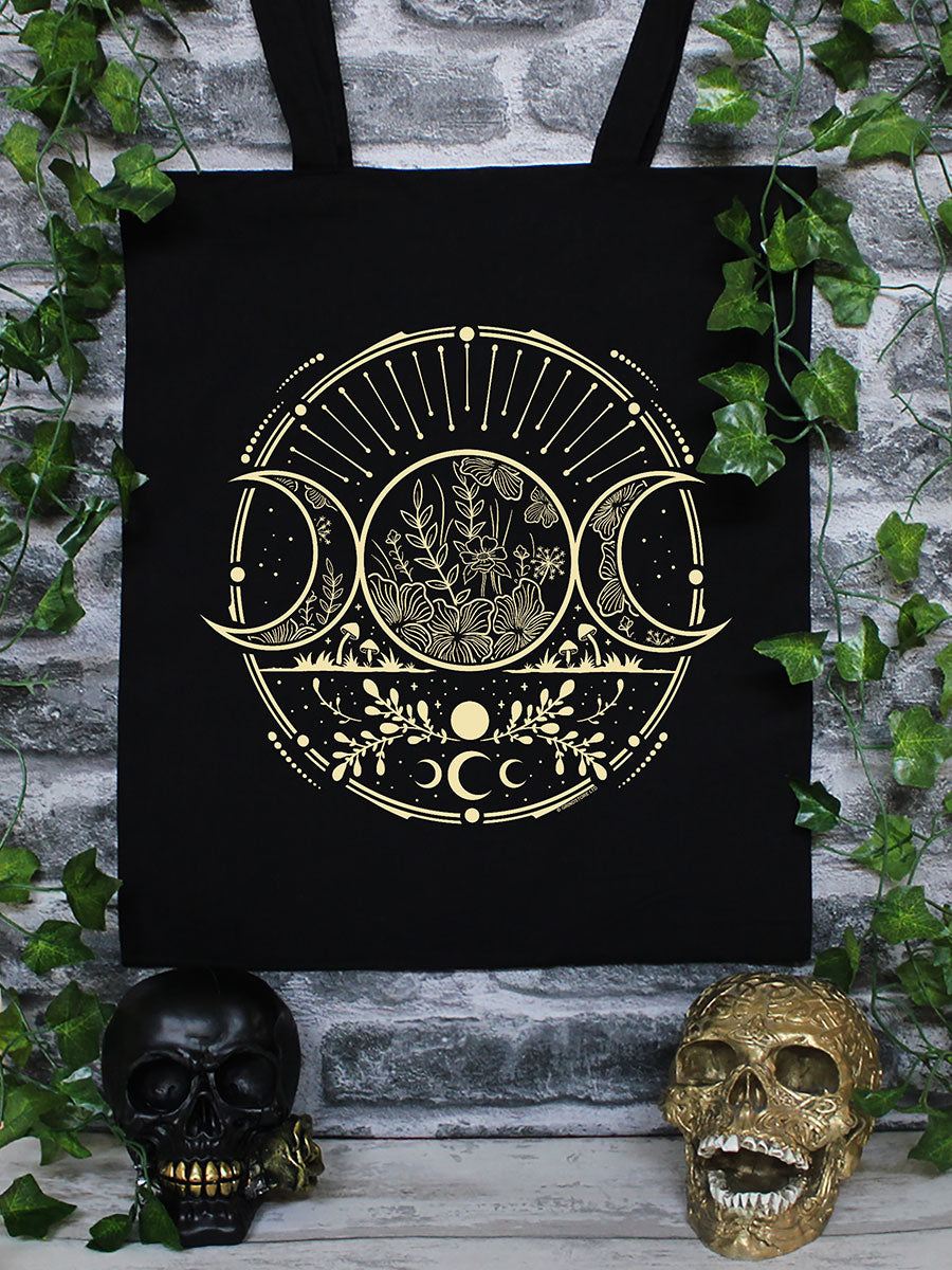 Verdant Triple Moon Black Tote Bag