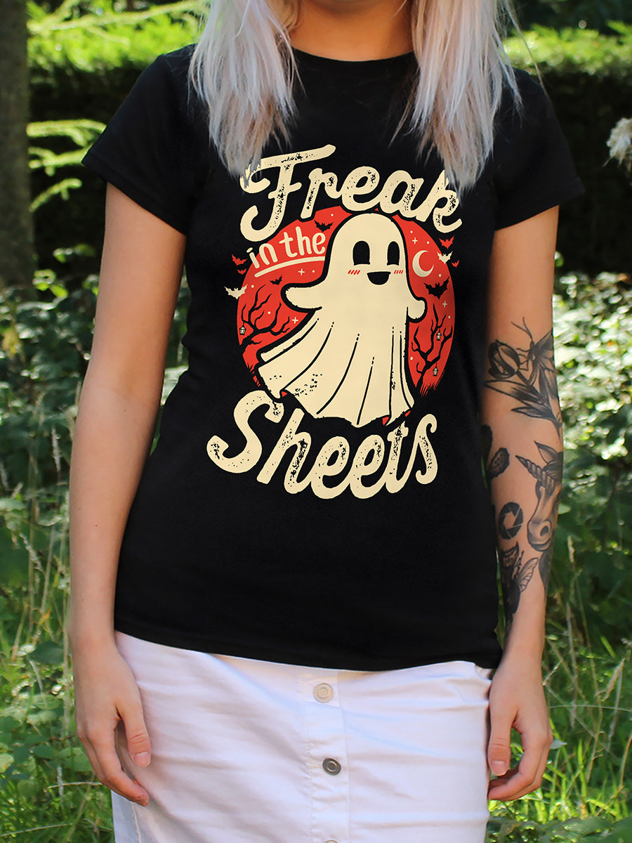 Halloween Freak In The Sheets Ladies Black T-Shirt