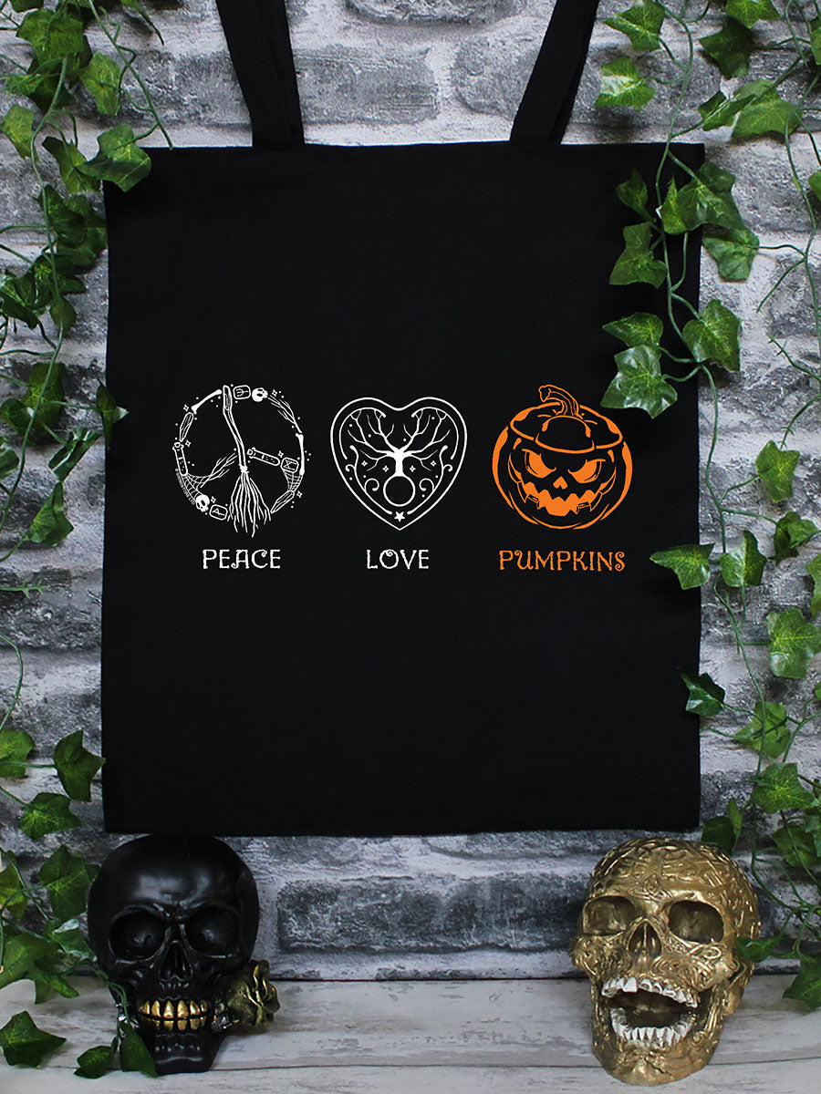 Peace, Love & Pumpkins Black Tote Bag