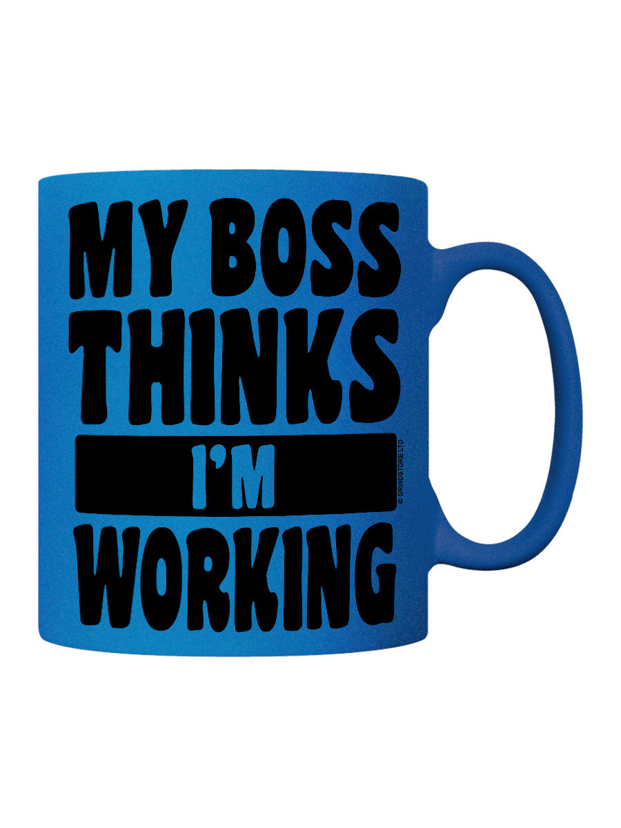 My Boss Thinks I'm Working Blue Neon Mug