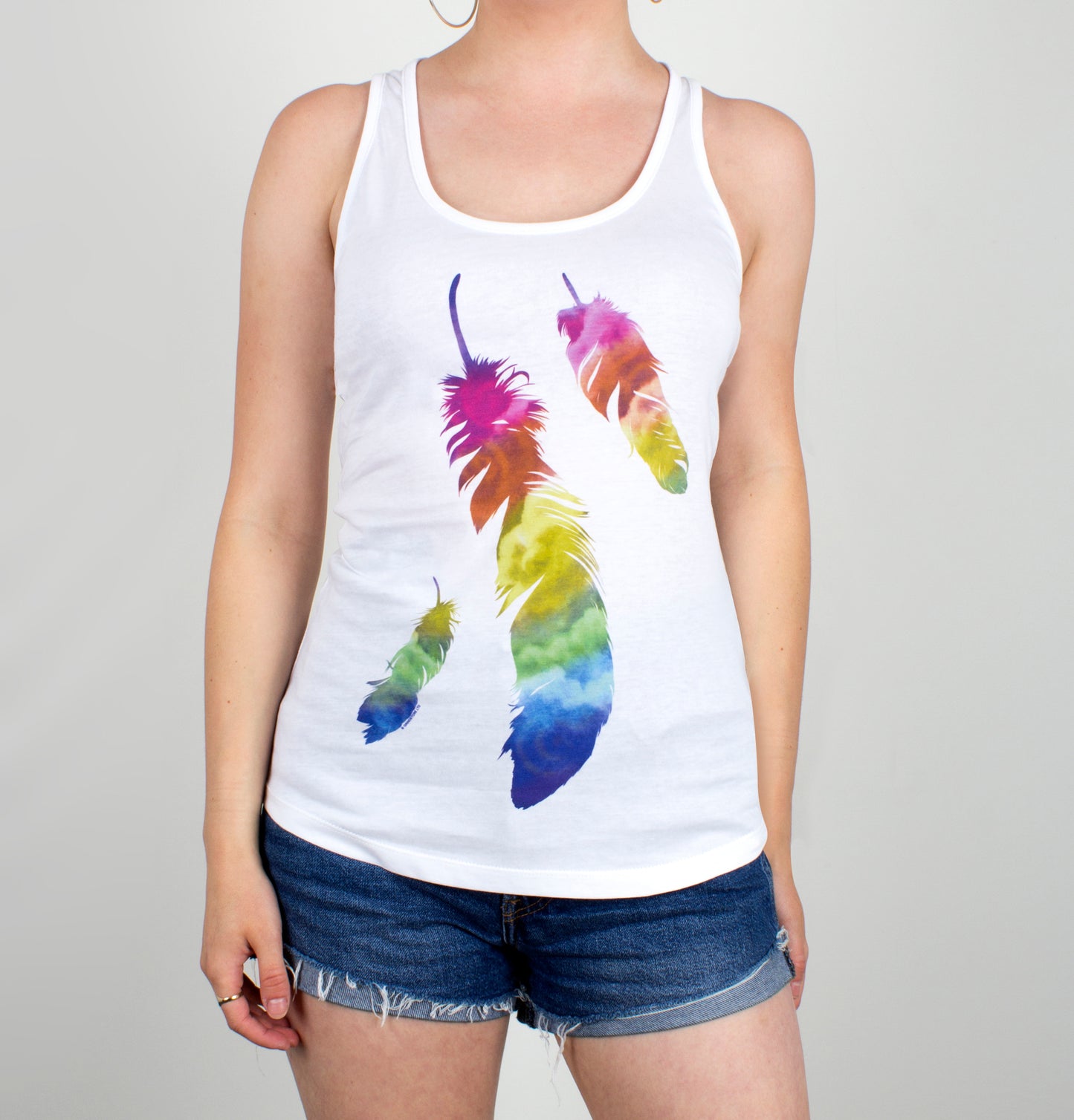 Rainbow Feathers Ladies White Floaty Tank