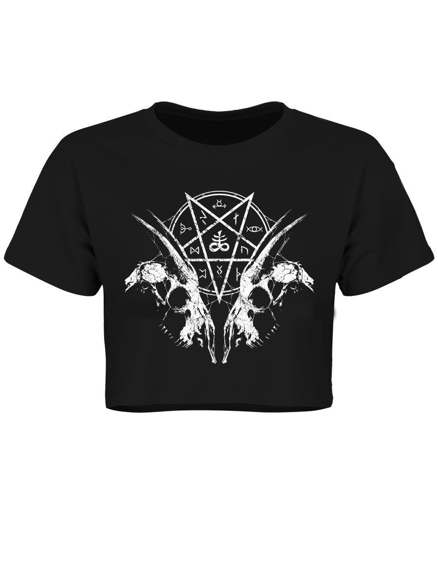 Goat Skull Pentagram Ladies Black Crop Top
