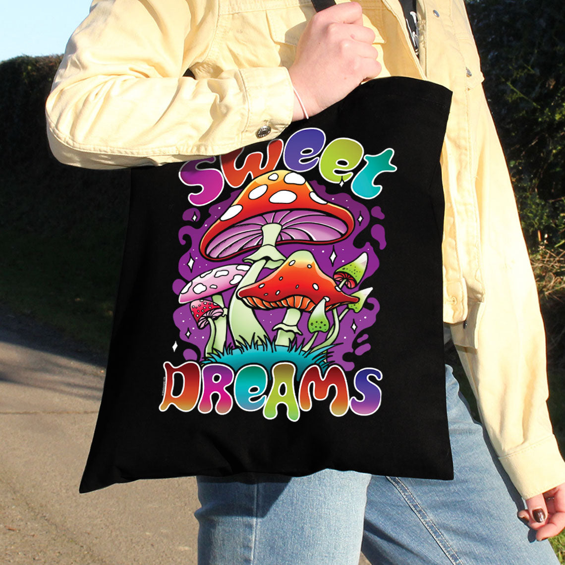 Sweet Dreams Mushroom Black Tote Bag