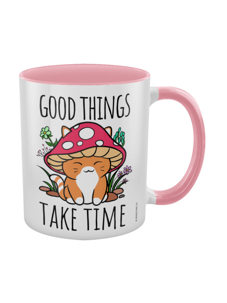 Good Things Take Time Mushroom Cat Pink Inner 2-Tone Mug