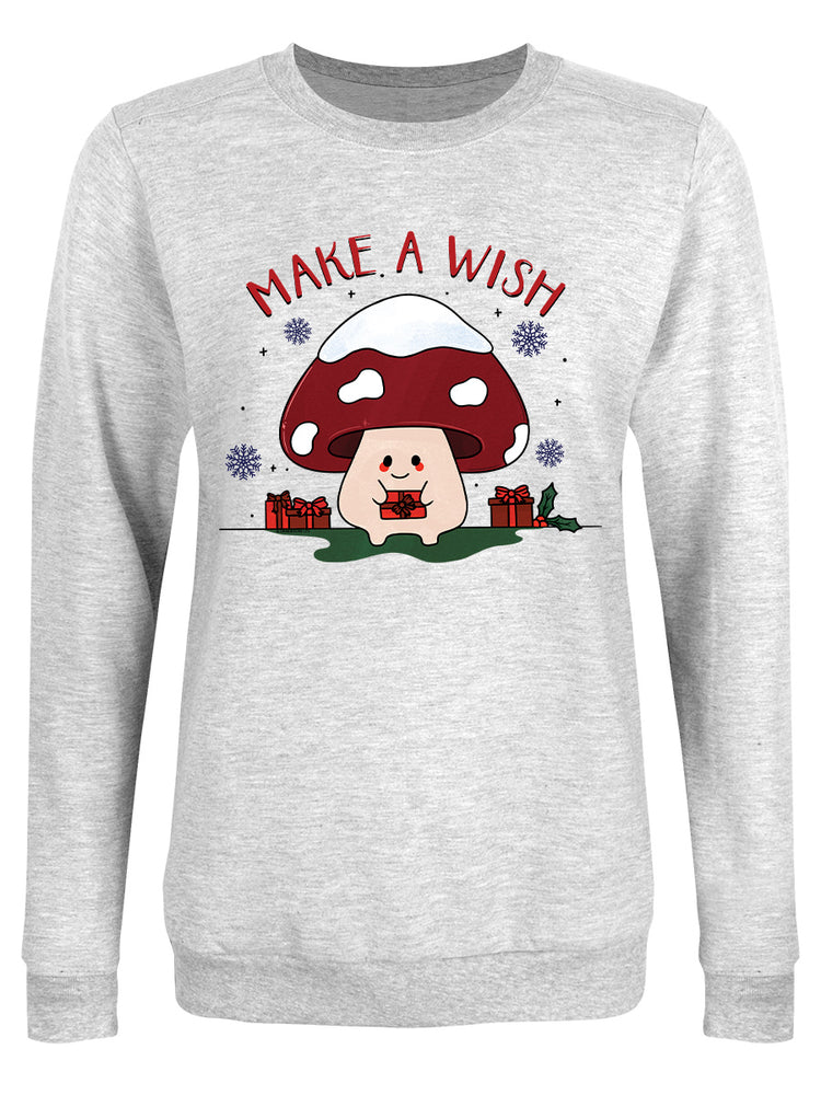 Make A Wish Mushroom Ladies Grey Christmas Jumper