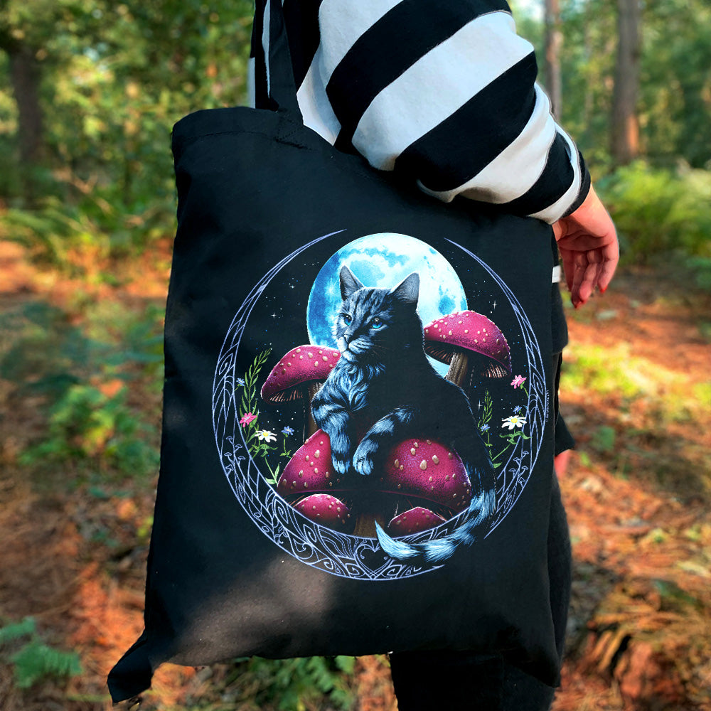 Mushroom Kitten Black Tote Bag