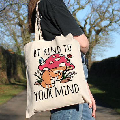 Be Kind To Your Mind Mushroom Cat Cream Tote Bag