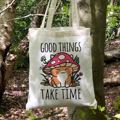 Good Things Take Time Mushroom Cat Cream Tote Bag