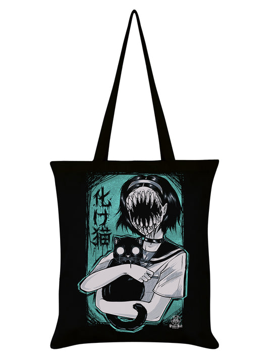Pinku Kult Teal Bakeneko Black Tote Bag