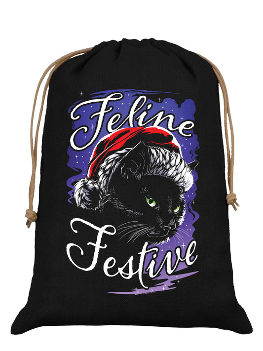 Feline Festive Black Hessian Santa Sack