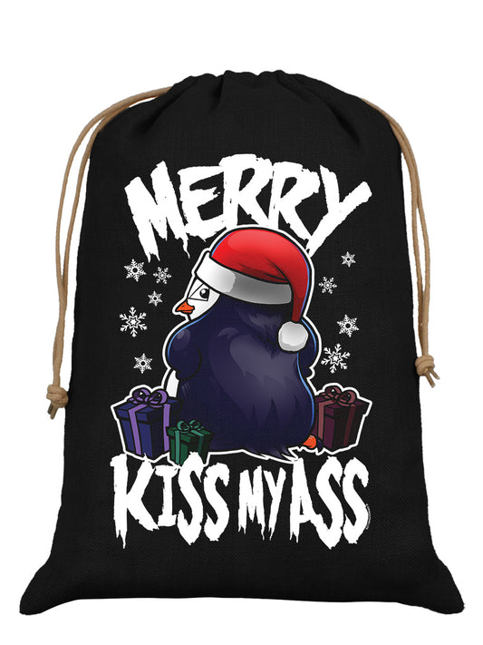Psycho Penguin Merry Kiss My Ass Black Hessian Santa Sack