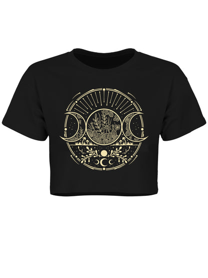 Verdant Triple Moon Ladies Black Crop Top