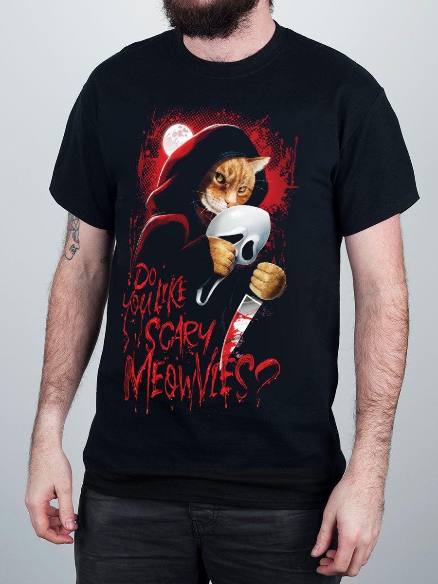 Horror Cats Do You Like Scary Meowvies? Men's Black T-Shirt