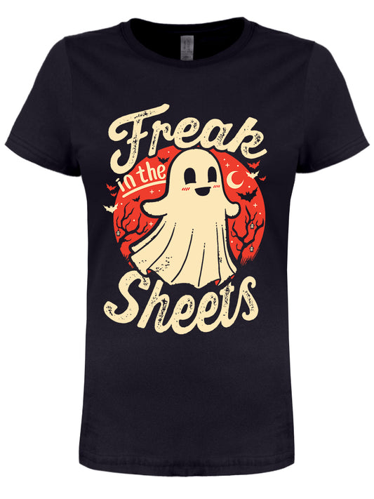Halloween Freak In The Sheets Ladies Black T-Shirt