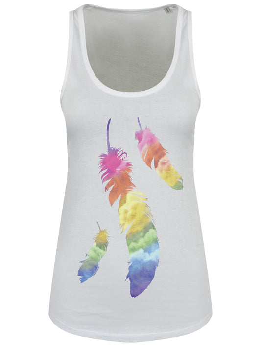 Rainbow Feathers Ladies White Floaty Tank