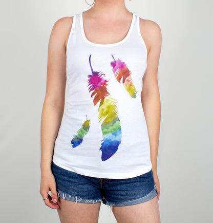 Rainbow Feathers Ladies White Floaty Tank