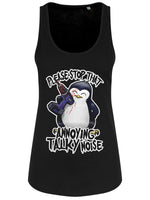 Psycho Penguin That Annoying Talky Noise Ladies Black Floaty Tank