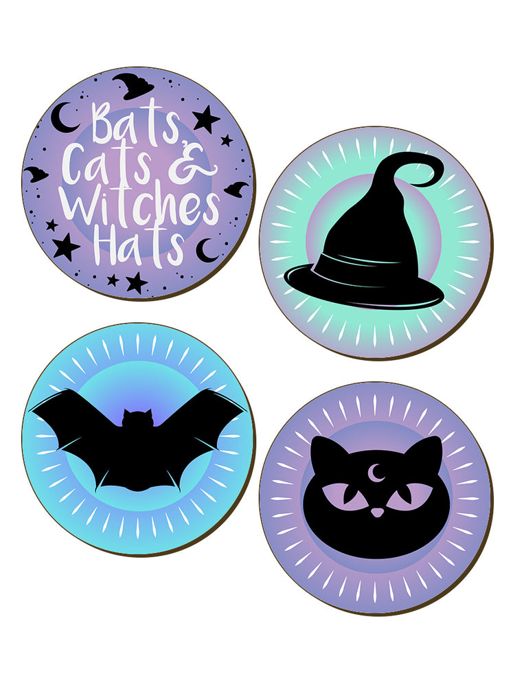 Bats, Cats & Witches Hats Pastel Goth 4 Piece Coaster Set