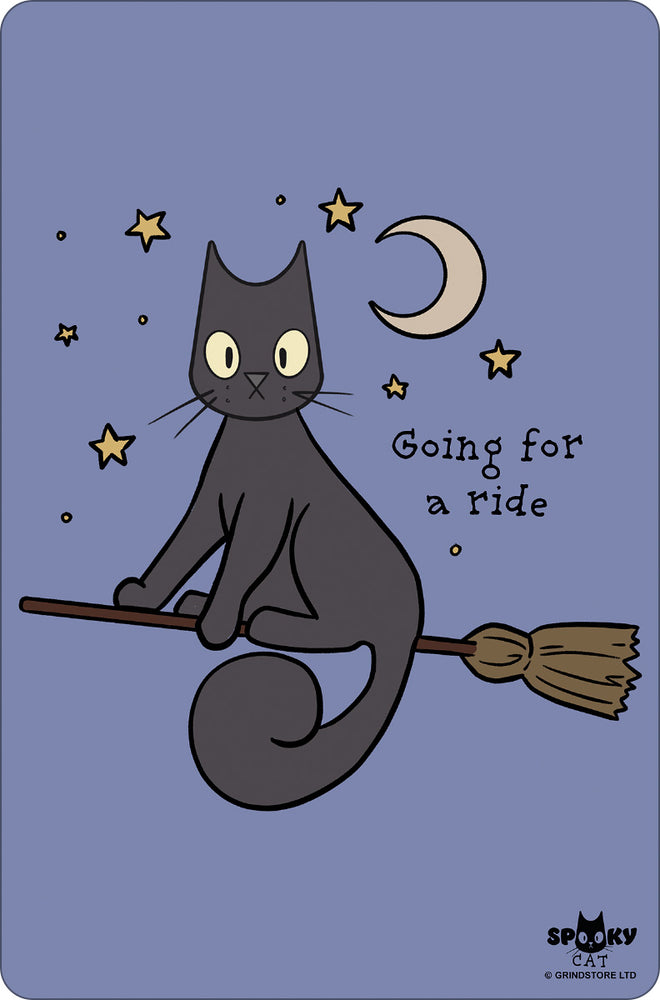 Spooky Cat Going For A Ride Greet Tin Card