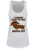 Pop Factory I Wonder What My Dog Named Me? Ladies White Floaty Tank